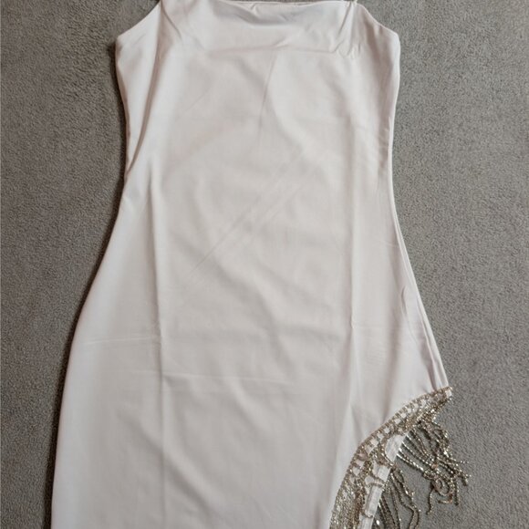 White Rhinestone Fringe Mini Dress | Spaghetti Strap Night Out Style - Picture 3 of 6